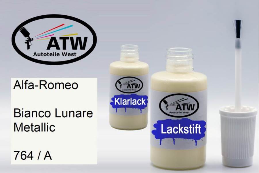 Alfa-Romeo, Bianco Lunare Metallic, 764 / A: 20ml Lackstift + 20ml Klarlack - Set, von ATW Autoteile West.